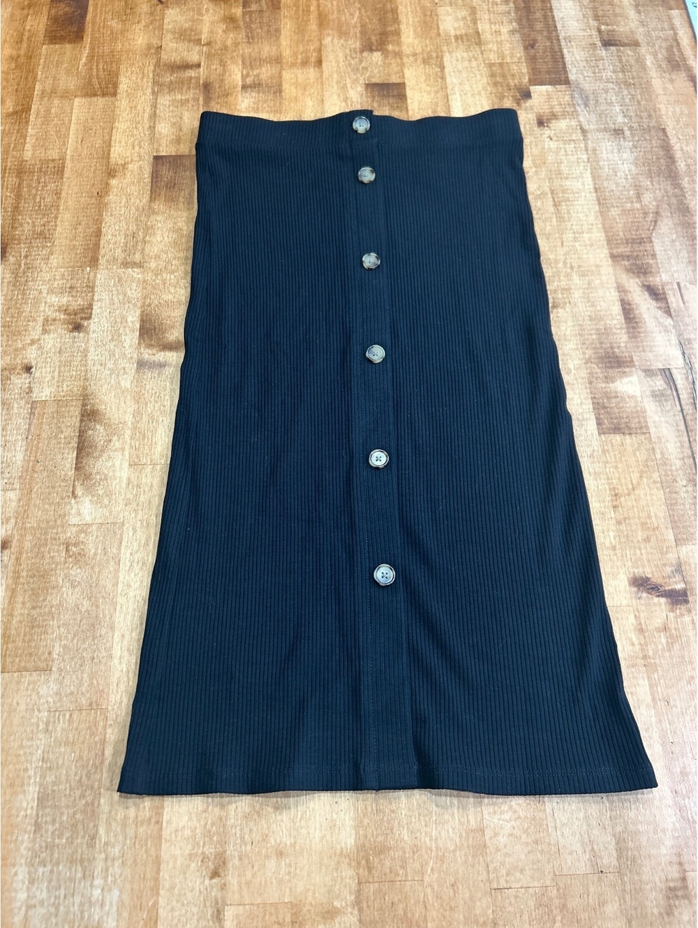 LOFT Black Ribbed Button-Front Midi Skirt XS